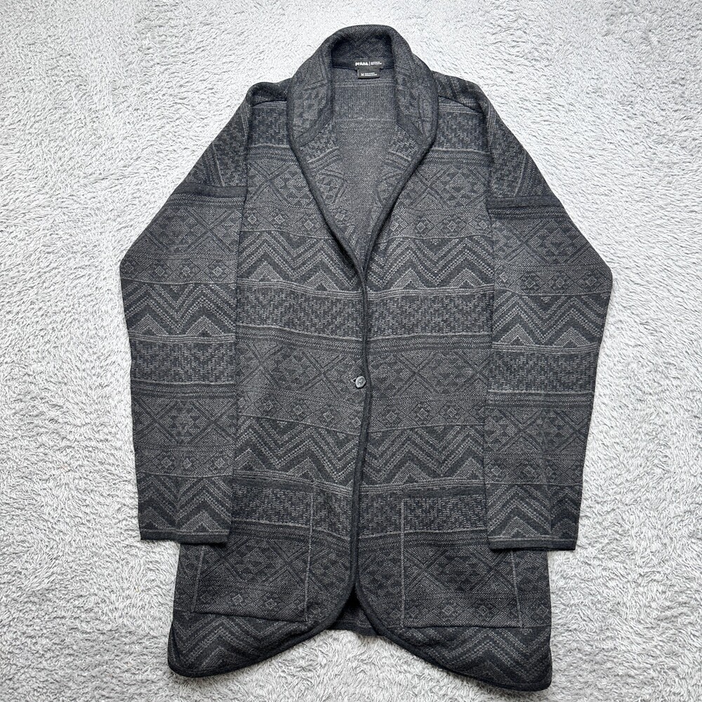 Prana Cardigan Womens M Charcoal Gray Wool Blend Oversized Aztec Cocoon